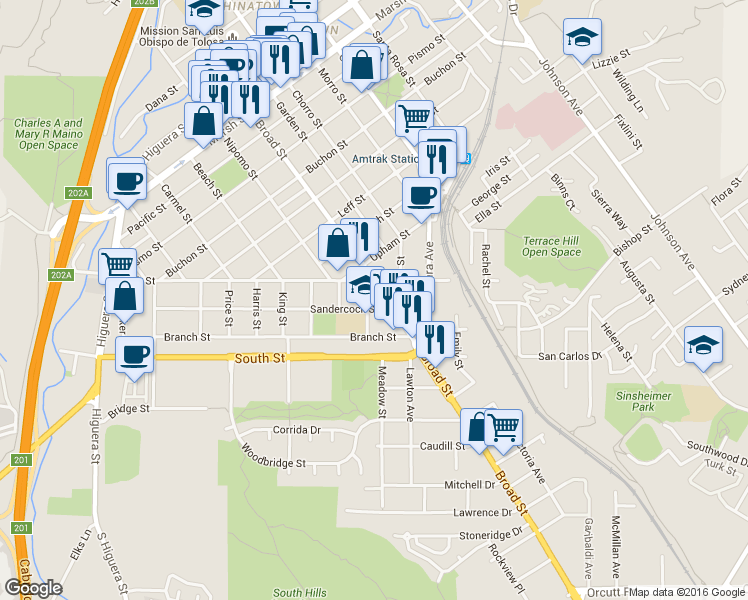 map of restaurants, bars, coffee shops, grocery stores, and more near 661 Sandercock Street in San Luis Obispo