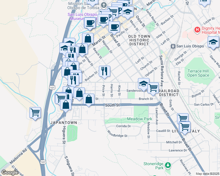 map of restaurants, bars, coffee shops, grocery stores, and more near 355 Sandercock Street in San Luis Obispo