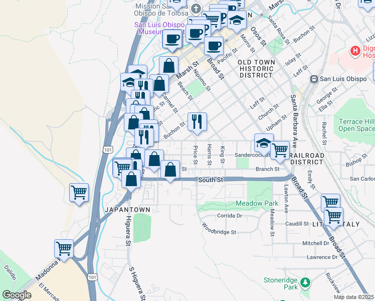 map of restaurants, bars, coffee shops, grocery stores, and more near 2108 Cypress Street in San Luis Obispo