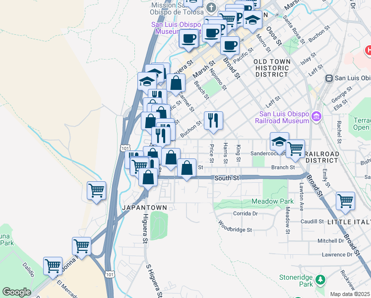 map of restaurants, bars, coffee shops, grocery stores, and more near 215 Sandercock Street in San Luis Obispo