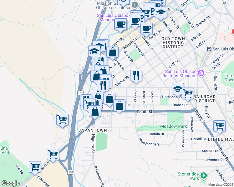 map of restaurants, bars, coffee shops, grocery stores, and more near 215 Sandercock Street in San Luis Obispo