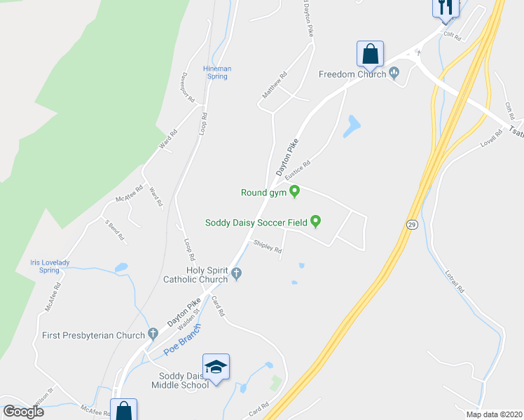 map of restaurants, bars, coffee shops, grocery stores, and more near 10861 Dayton Pike in Soddy-Daisy