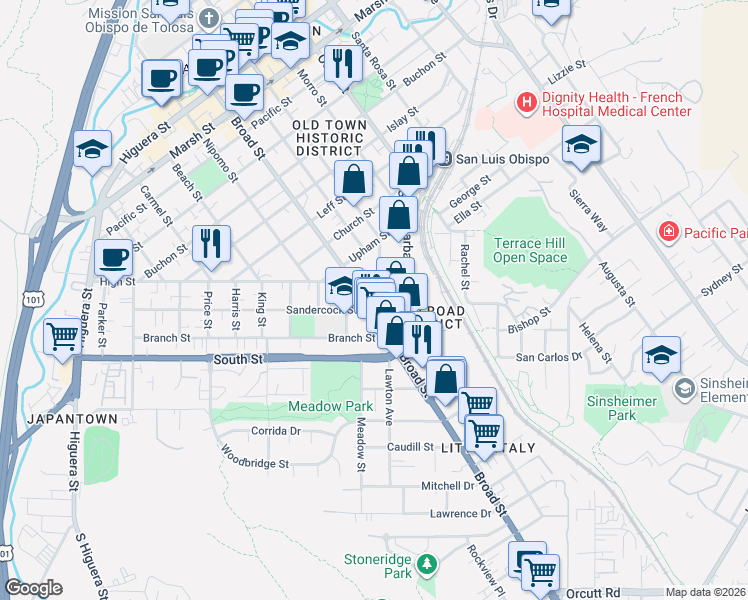 map of restaurants, bars, coffee shops, grocery stores, and more near 2040 Broad Street in San Luis Obispo