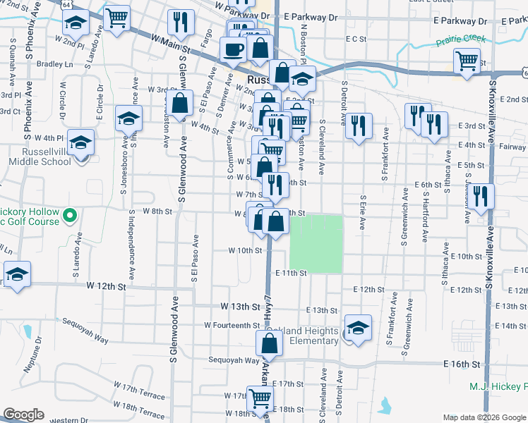 map of restaurants, bars, coffee shops, grocery stores, and more near 201 West 8th Street in Russellville
