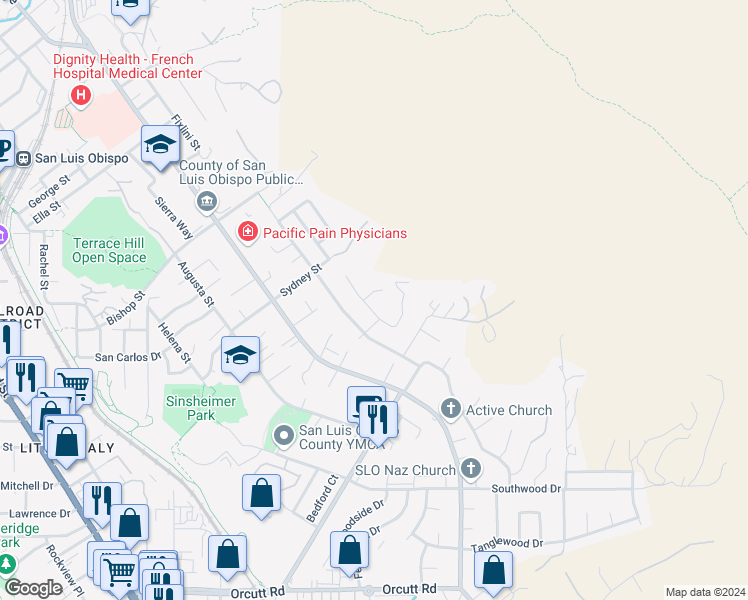 map of restaurants, bars, coffee shops, grocery stores, and more near 1636 Encino Court in San Luis Obispo