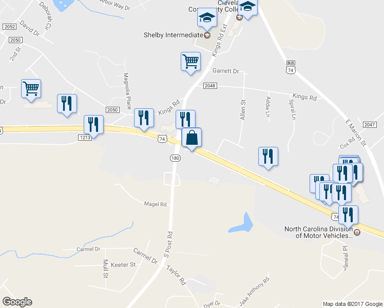 map of restaurants, bars, coffee shops, grocery stores, and more near 1808 E Dixon Blvd in Shelby
