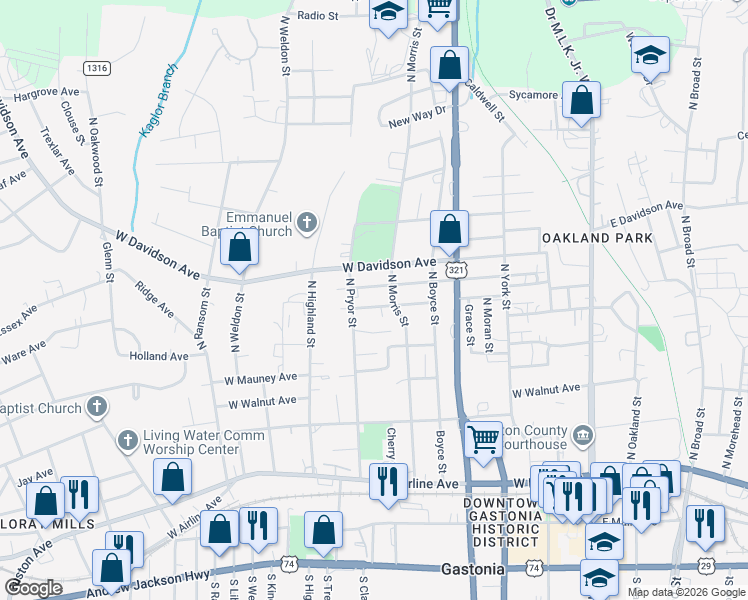 map of restaurants, bars, coffee shops, grocery stores, and more near 508 North Pryor Street in Gastonia