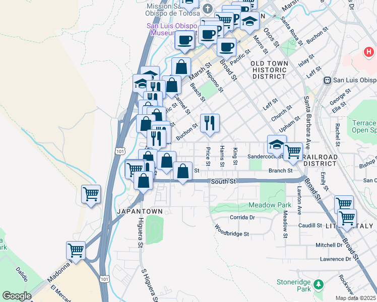 map of restaurants, bars, coffee shops, grocery stores, and more near 2108 Cypress Street in San Luis Obispo