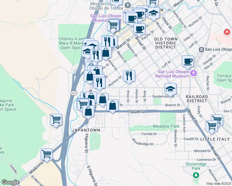 map of restaurants, bars, coffee shops, grocery stores, and more near 2108 Cypress Street in San Luis Obispo