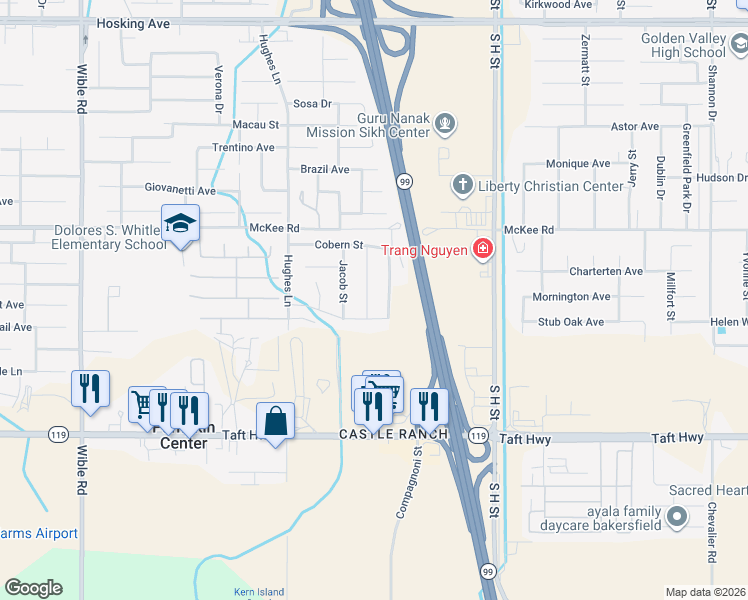 map of restaurants, bars, coffee shops, grocery stores, and more near 9116 Kellyann Street in Bakersfield