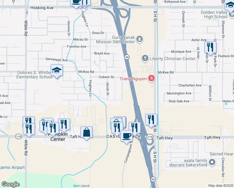 map of restaurants, bars, coffee shops, grocery stores, and more near 9116 Kellyann Street in Bakersfield
