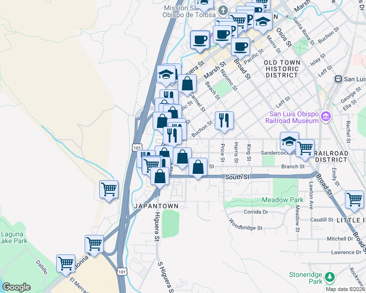 map of restaurants, bars, coffee shops, grocery stores, and more near 2019 Beebee Street in San Luis Obispo