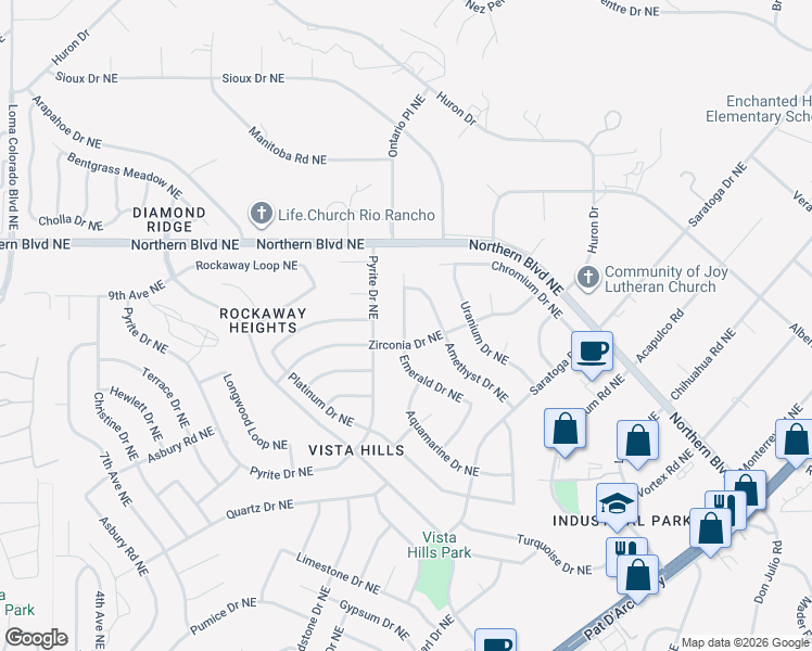 map of restaurants, bars, coffee shops, grocery stores, and more near 4710 Zirconia Drive Northeast in Rio Rancho