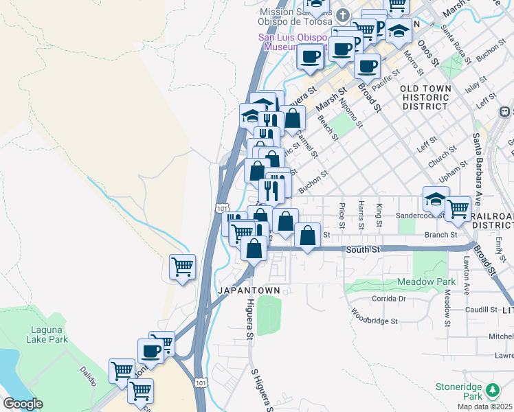map of restaurants, bars, coffee shops, grocery stores, and more near 274 Higuera Street in San Luis Obispo