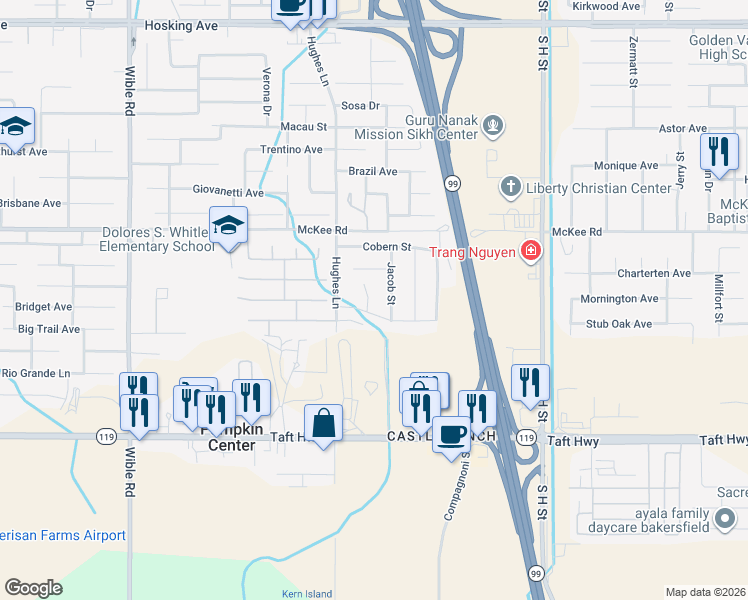 map of restaurants, bars, coffee shops, grocery stores, and more near 2309 Donnalynn Street in Bakersfield