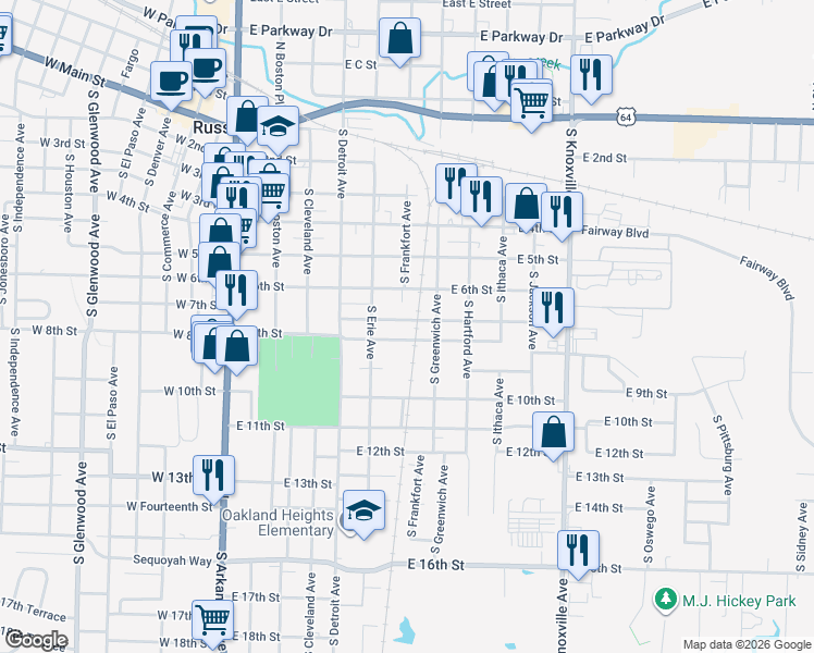 map of restaurants, bars, coffee shops, grocery stores, and more near 513 East 10th Street in Russellville