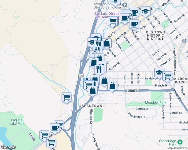 map of restaurants, bars, coffee shops, grocery stores, and more near in San Luis Obispo