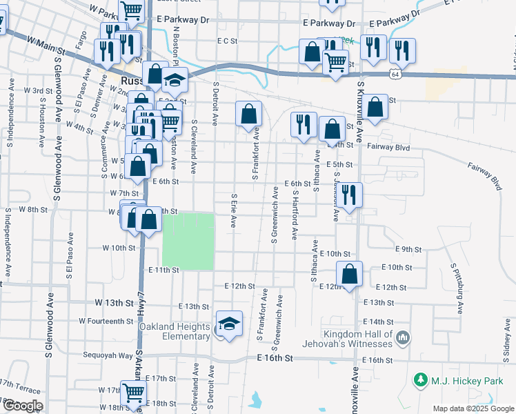 map of restaurants, bars, coffee shops, grocery stores, and more near 513 East 10th Street in Russellville