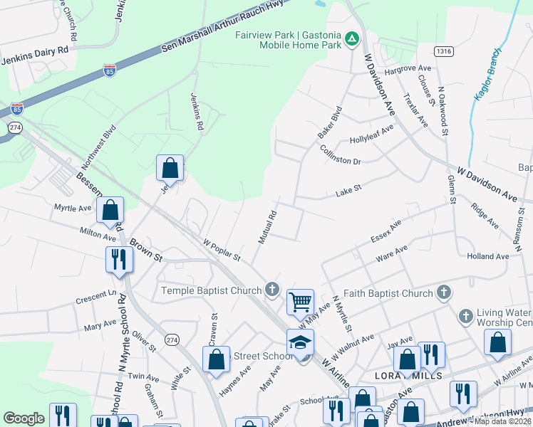 map of restaurants, bars, coffee shops, grocery stores, and more near 751 Mutual Road in Gastonia
