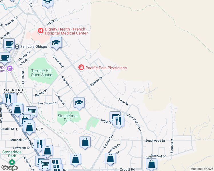 map of restaurants, bars, coffee shops, grocery stores, and more near 2588 Flora Street in San Luis Obispo