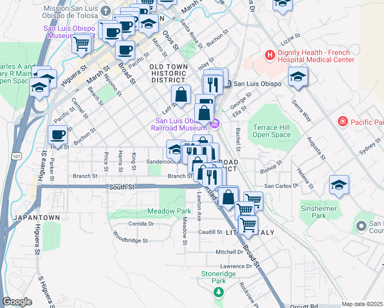 map of restaurants, bars, coffee shops, grocery stores, and more near 2017 Chorro Street in San Luis Obispo