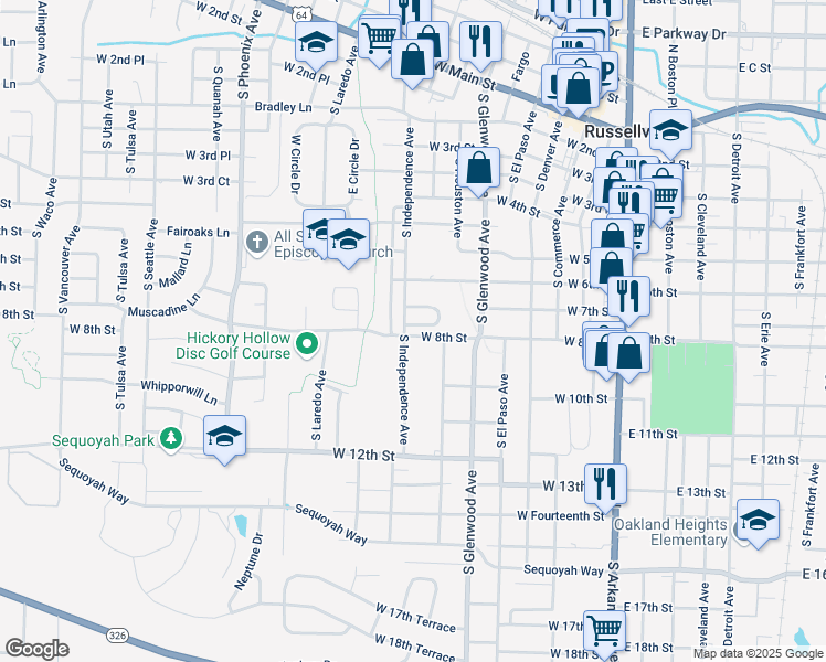 map of restaurants, bars, coffee shops, grocery stores, and more near 321 James Circle in Russellville