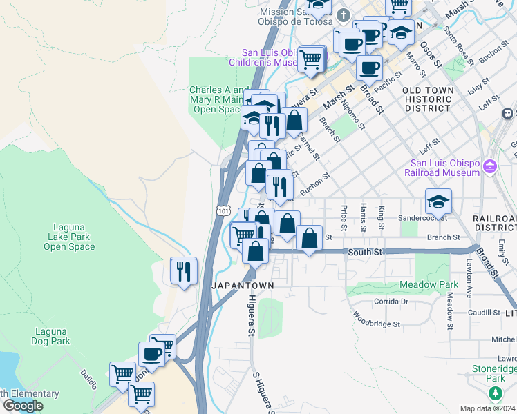 map of restaurants, bars, coffee shops, grocery stores, and more near 274 Higuera Street in San Luis Obispo