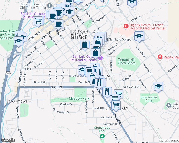 map of restaurants, bars, coffee shops, grocery stores, and more near 2017 Chorro Street in San Luis Obispo