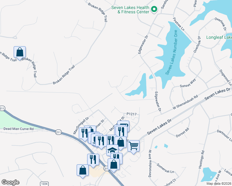 map of restaurants, bars, coffee shops, grocery stores, and more near 195 Shagbark Road in Seven Lakes