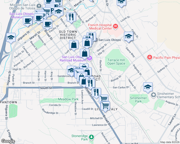 map of restaurants, bars, coffee shops, grocery stores, and more near in San Luis Obispo