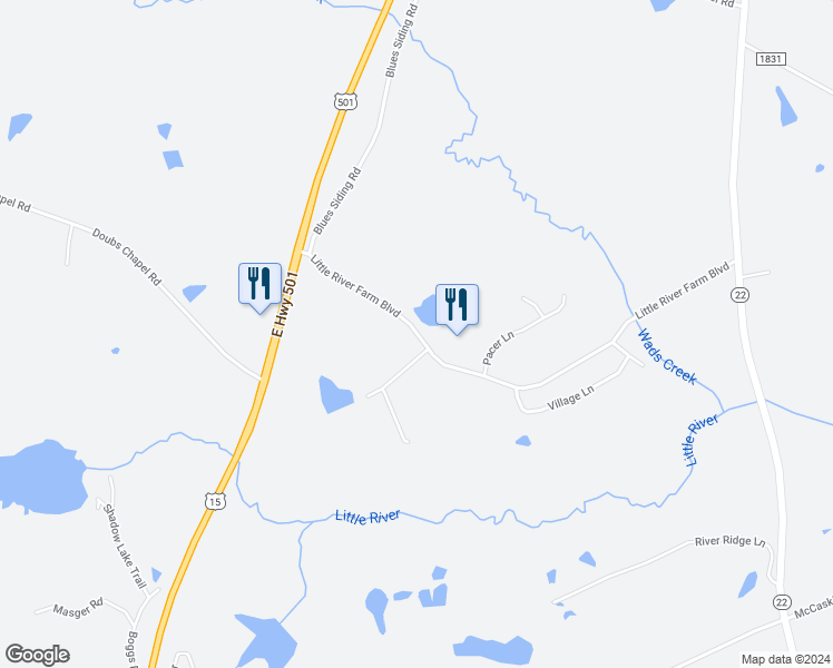map of restaurants, bars, coffee shops, grocery stores, and more near 490 Little River Farm Boulevard in Carthage
