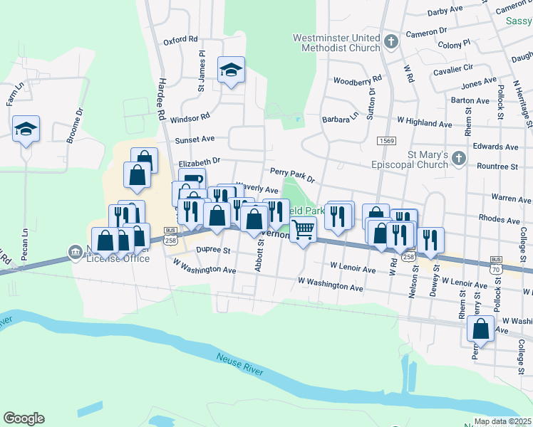 map of restaurants, bars, coffee shops, grocery stores, and more near 1506 Rosedale Avenue in Kinston
