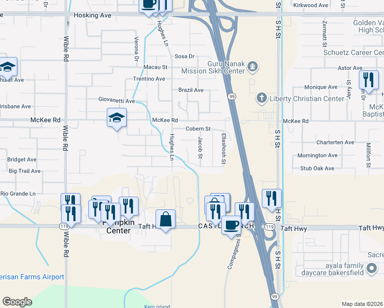 map of restaurants, bars, coffee shops, grocery stores, and more near 2301 Lebow Court in Bakersfield
