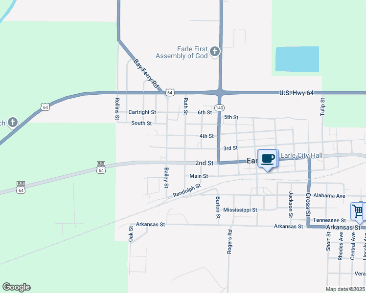 map of restaurants, bars, coffee shops, grocery stores, and more near 850 Ruth Street in Earle
