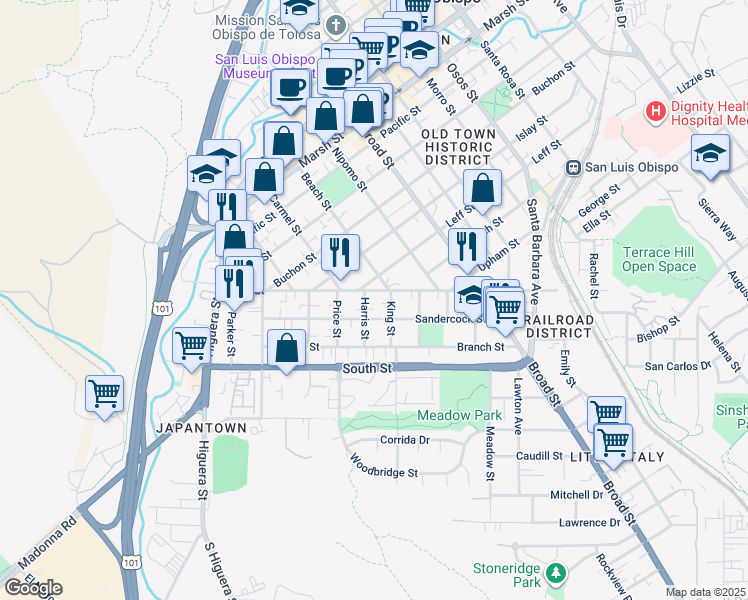 map of restaurants, bars, coffee shops, grocery stores, and more near 487 Leff Street in San Luis Obispo
