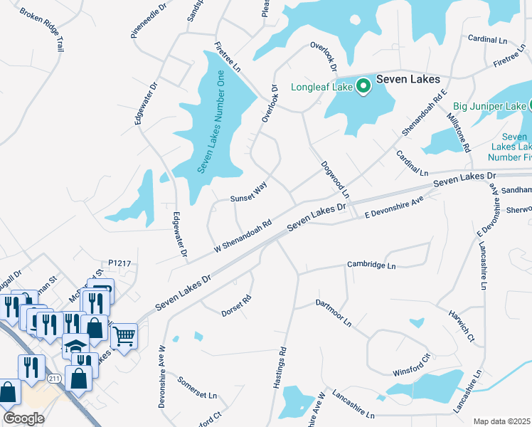 map of restaurants, bars, coffee shops, grocery stores, and more near 122 West Shenandoah Road in Seven Lakes