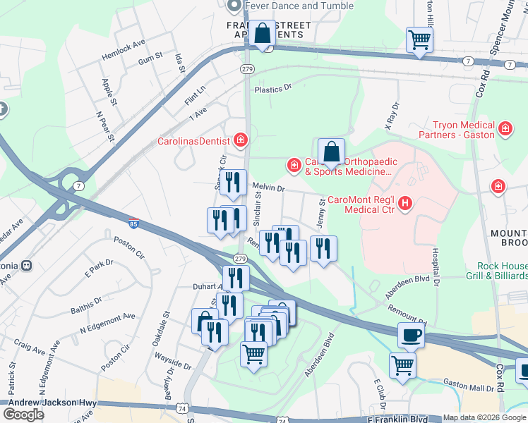 map of restaurants, bars, coffee shops, grocery stores, and more near 568 North New Hope Road in Gastonia