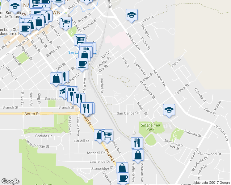 map of restaurants, bars, coffee shops, grocery stores, and more near 1080 Pauline Way in San Luis Obispo