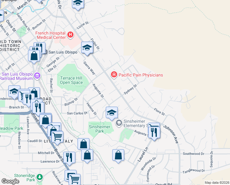 map of restaurants, bars, coffee shops, grocery stores, and more near 2375 Johnson Avenue in San Luis Obispo