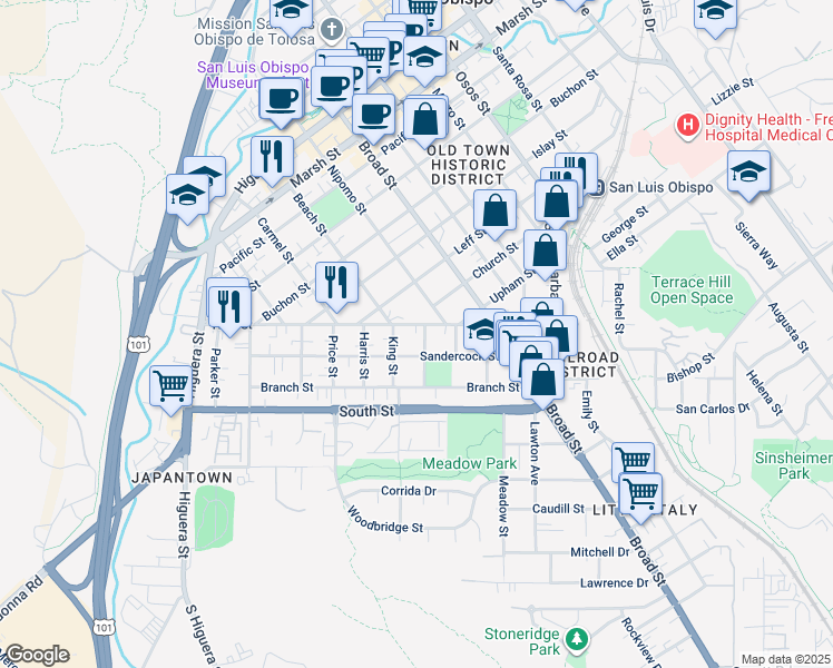 map of restaurants, bars, coffee shops, grocery stores, and more near 480 High Street in San Luis Obispo
