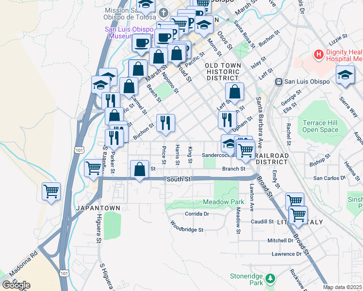 map of restaurants, bars, coffee shops, grocery stores, and more near 487 Leff Street in San Luis Obispo