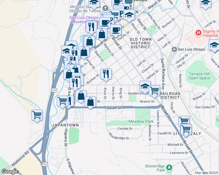 map of restaurants, bars, coffee shops, grocery stores, and more near 1618 Carmel Street in San Luis Obispo