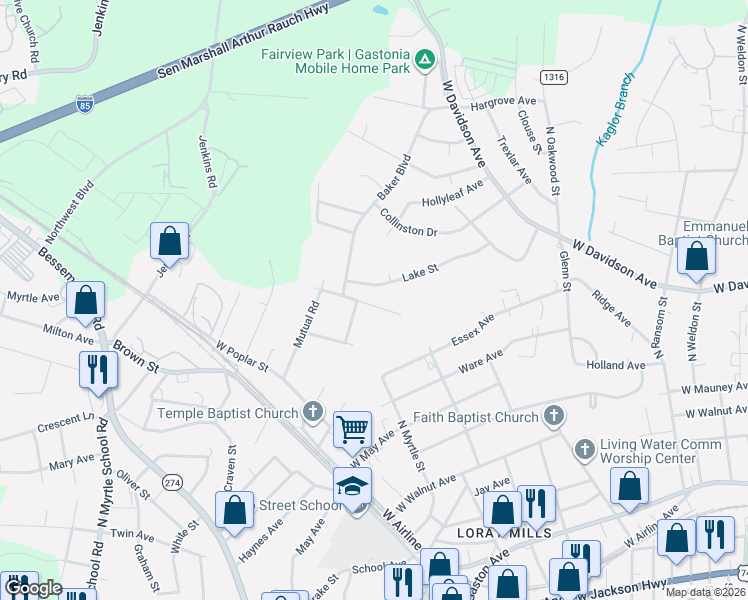 map of restaurants, bars, coffee shops, grocery stores, and more near 1616 Lake Street in Gastonia
