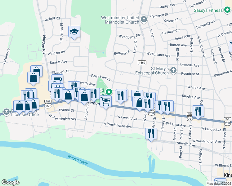 map of restaurants, bars, coffee shops, grocery stores, and more near 825 Greenbriar Road in Kinston