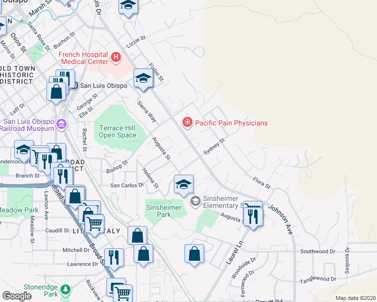 map of restaurants, bars, coffee shops, grocery stores, and more near 2375 Johnson Avenue in San Luis Obispo