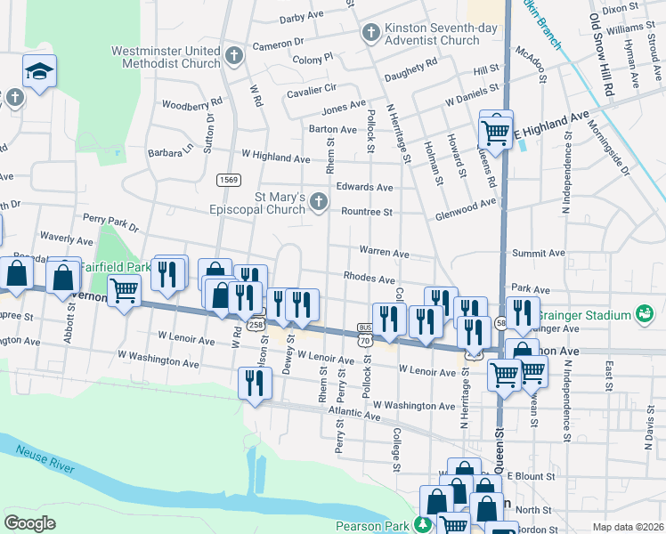 map of restaurants, bars, coffee shops, grocery stores, and more near 1009 Rhem Street in Kinston