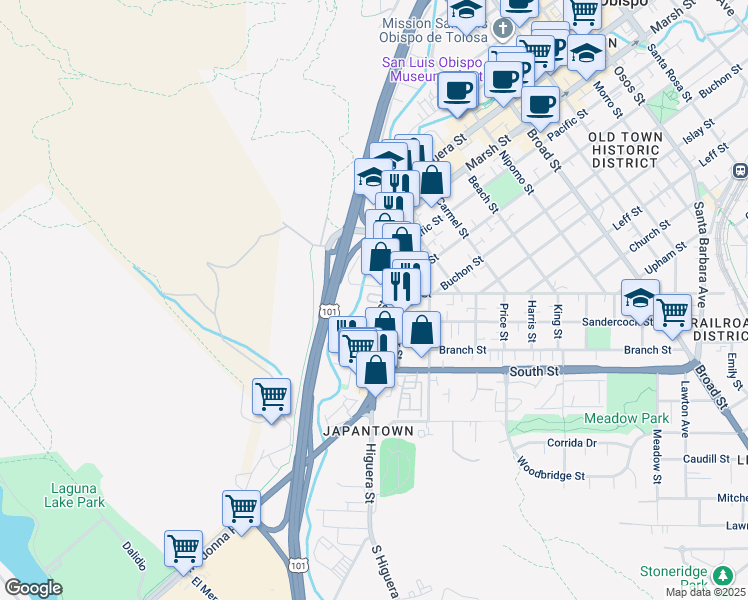 map of restaurants, bars, coffee shops, grocery stores, and more near 274 Higuera Street in San Luis Obispo