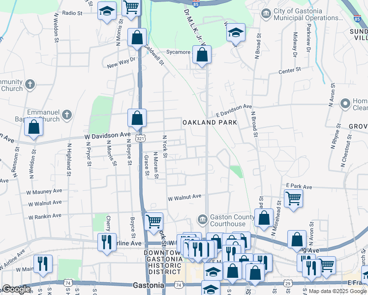 map of restaurants, bars, coffee shops, grocery stores, and more near 206 West Harrison Avenue in Gastonia
