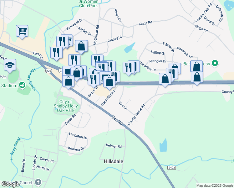 map of restaurants, bars, coffee shops, grocery stores, and more near 1010 Sue Lane in Shelby