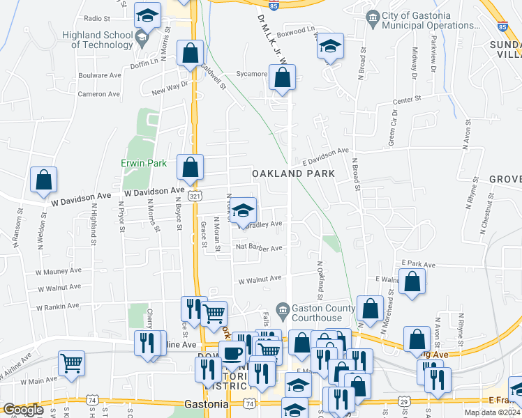 map of restaurants, bars, coffee shops, grocery stores, and more near 712 North Falls Street in Gastonia